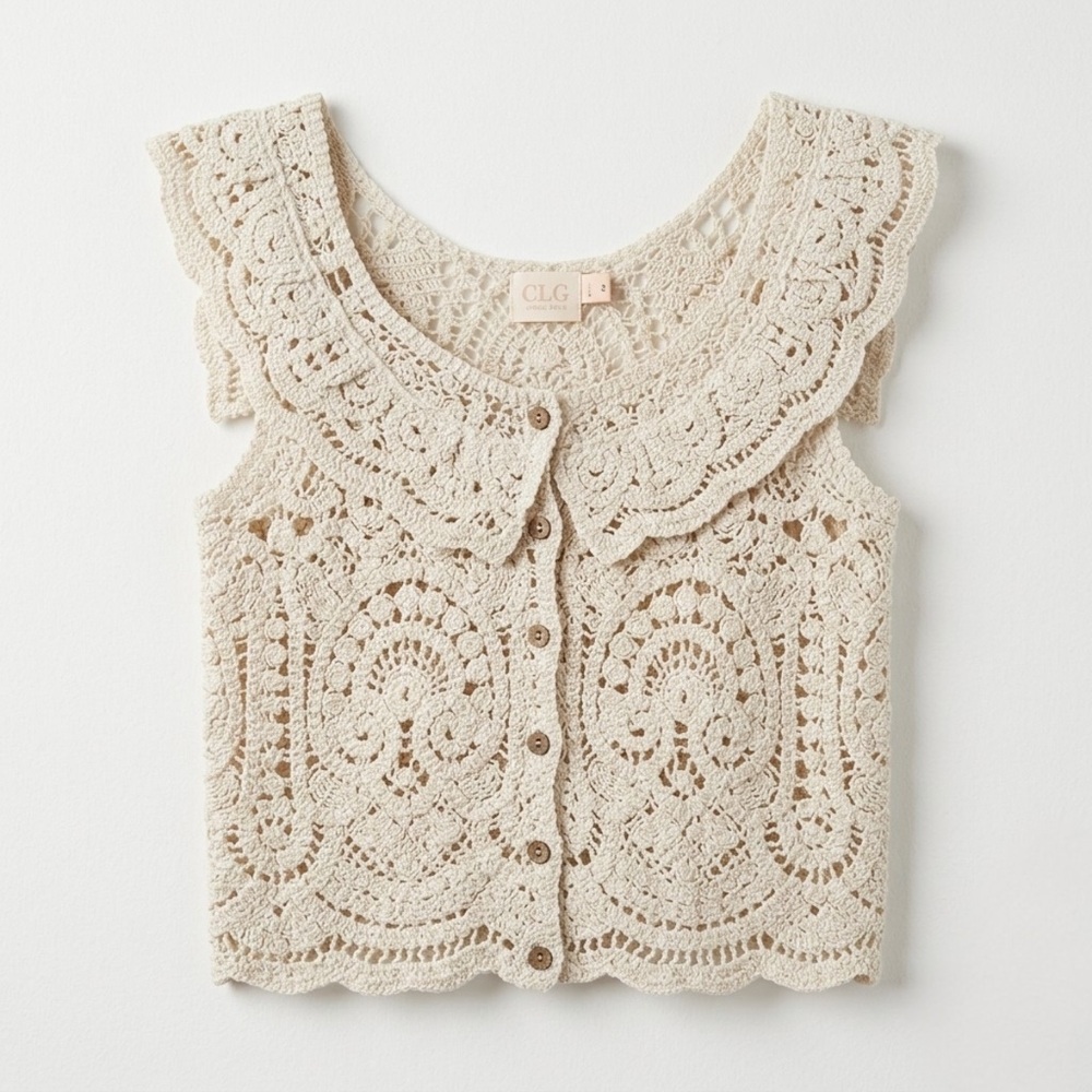 Good Luck Gem Cream Crochet Button-Front Crop Top